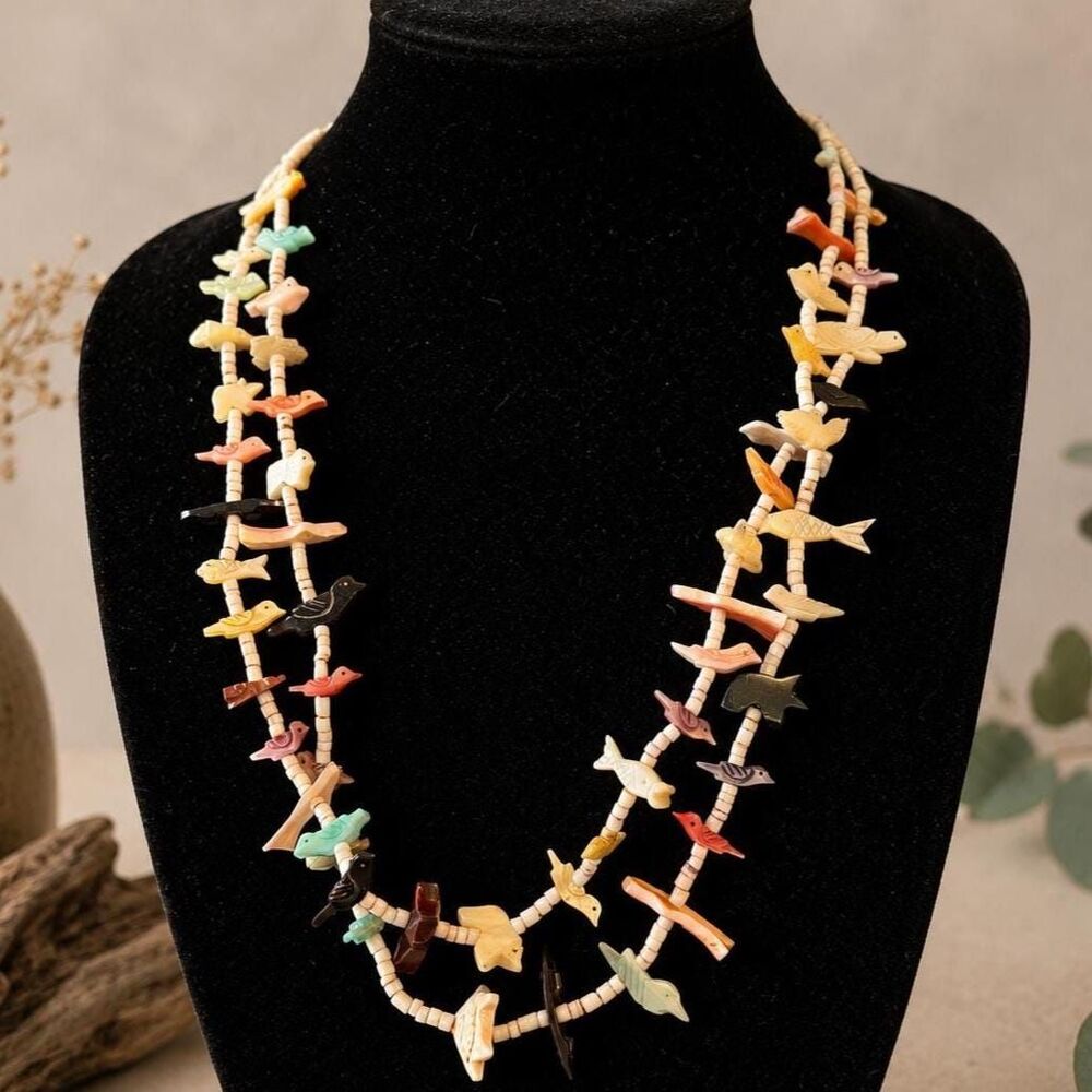 Vintage Southwest Fetish Bird Necklace | Double Strand Heshi Beads | Tested Silv